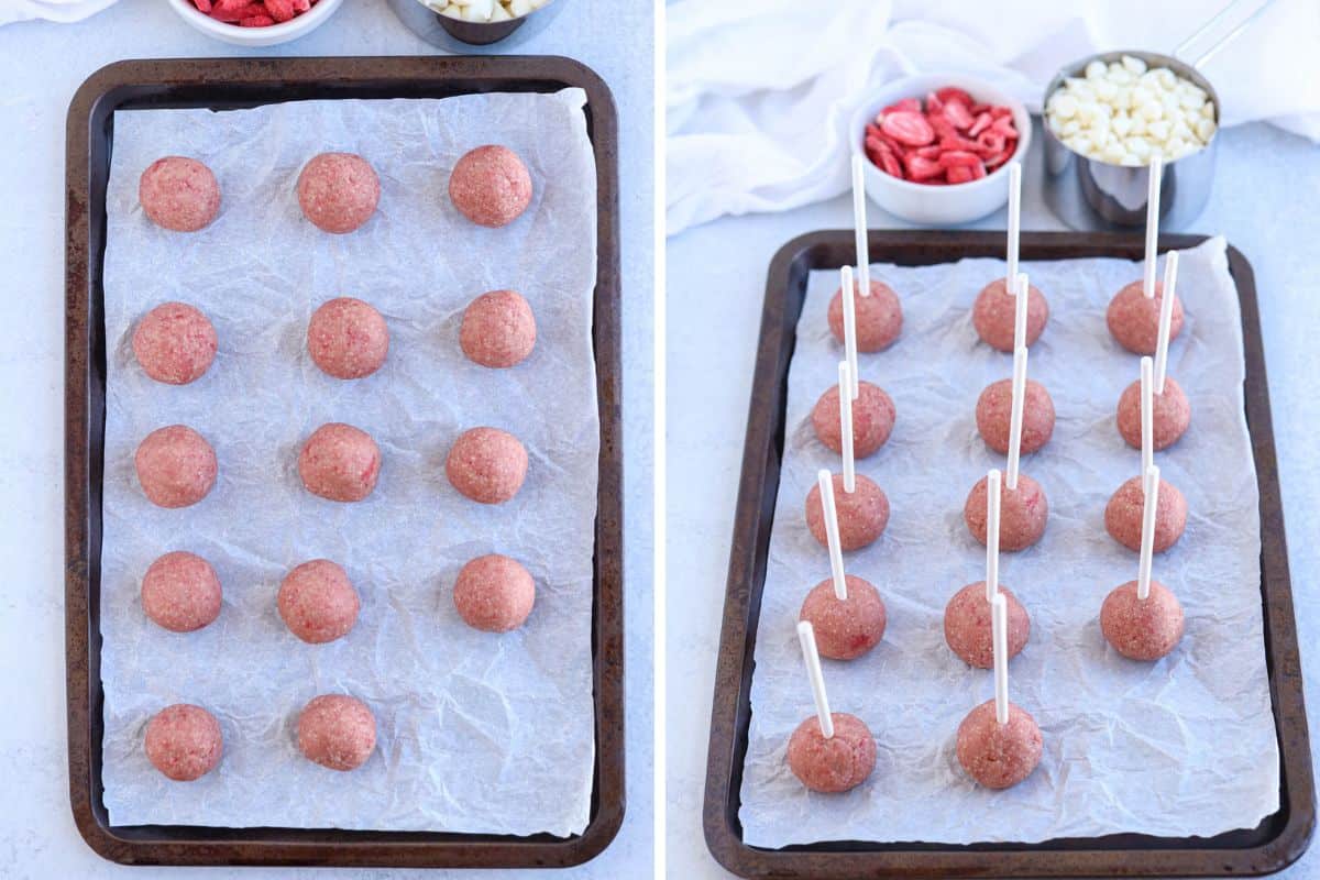 strawberry cake balls before and after inserting sticks.