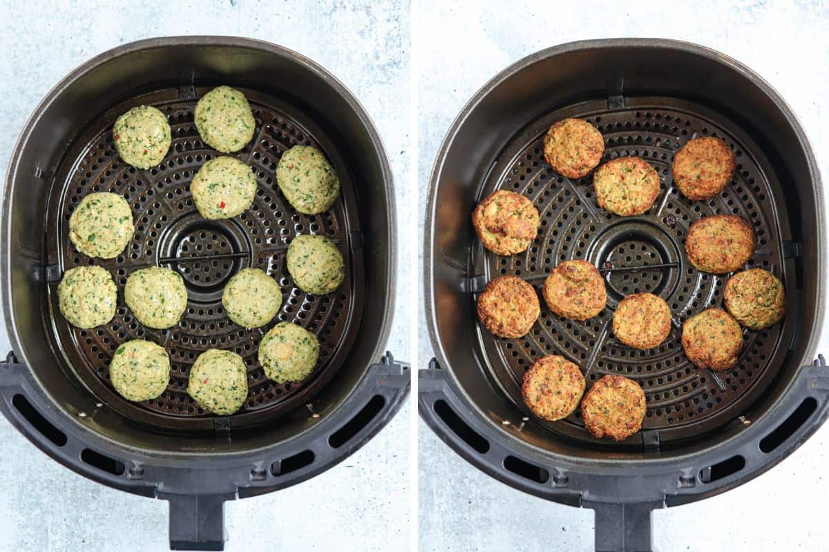 air frying falafel patties in two steps.