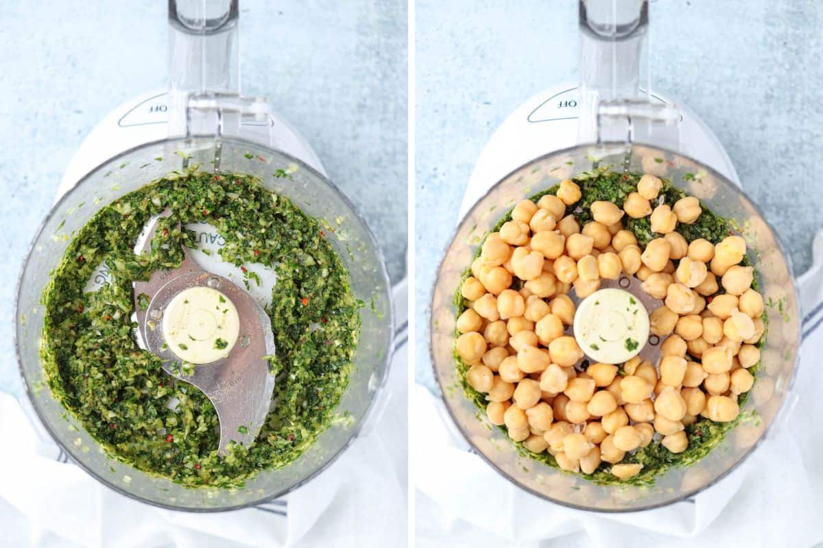 making falafel mixture in a food processor in two steps.
