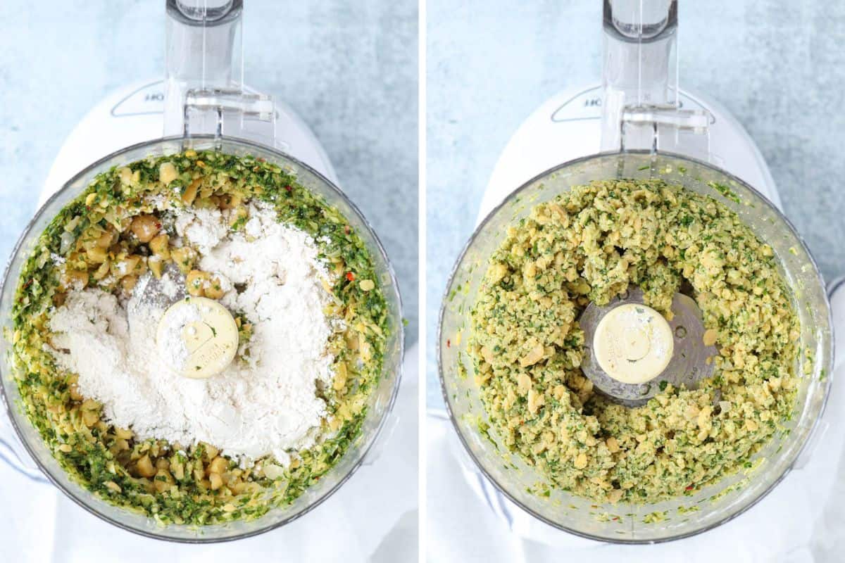 making falafel mixture in a food processor in two steps.