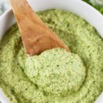 cashew cilantro sauce in a white bowl.