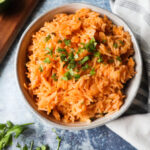 spanish rice in a white bowl.