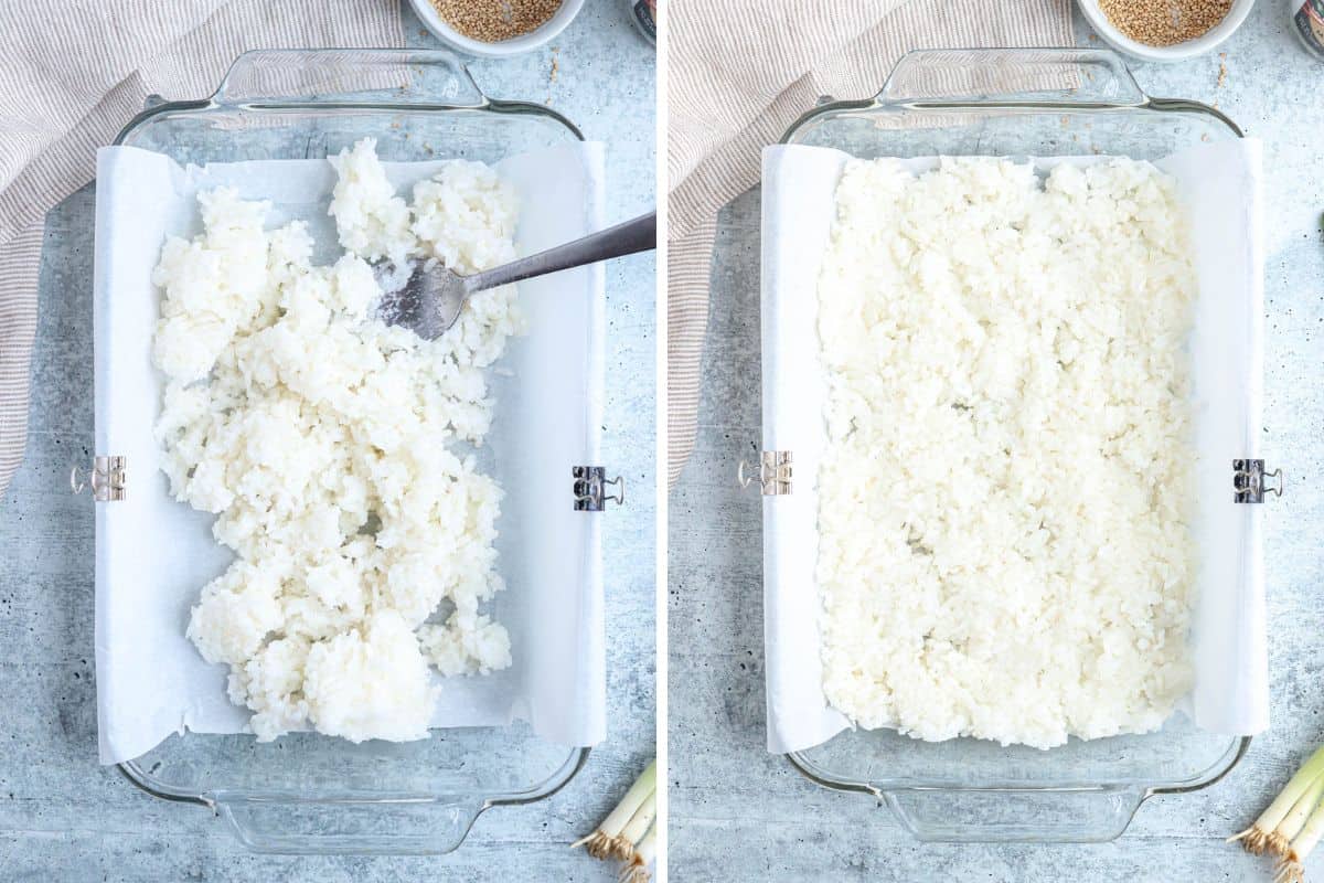 assembling salmond sushi bake in two steps.