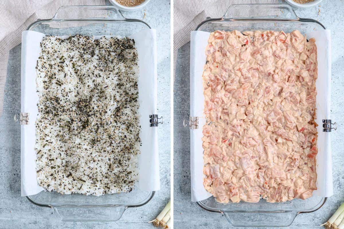 assembling salmond sushi bake in two steps.