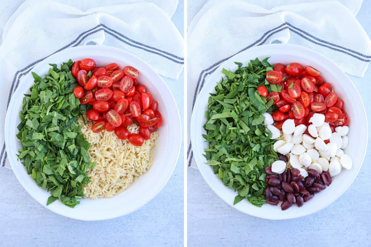 making orzo pesto salad in a white bowl in two steps. 