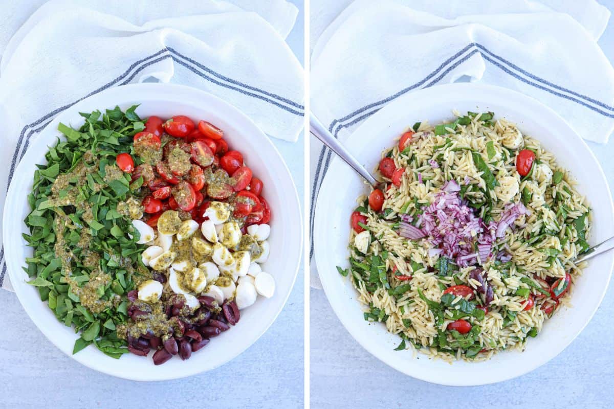 making orzo pesto salad in a white bowl in two steps. 