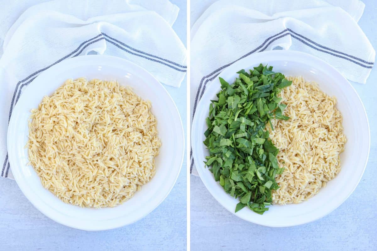 making orzo pesto salad in a white bowl in two steps. 