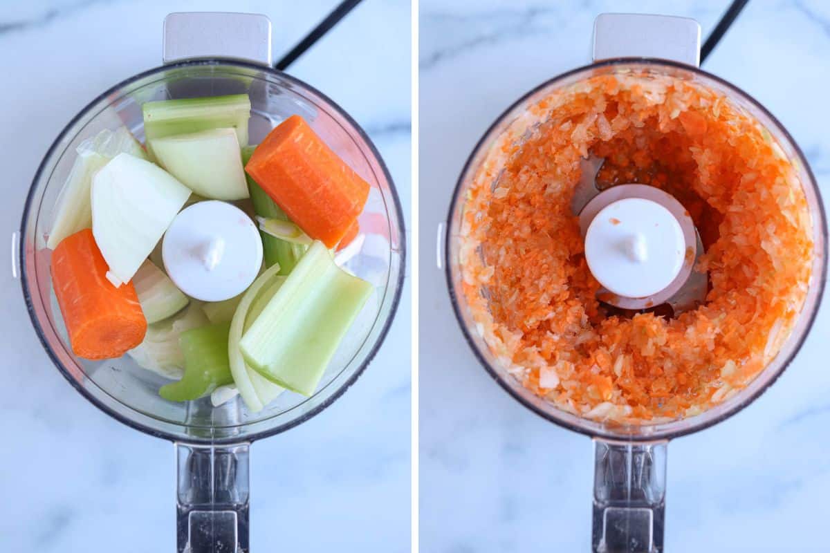 chopping veggies in a mini food processor in two steps. 