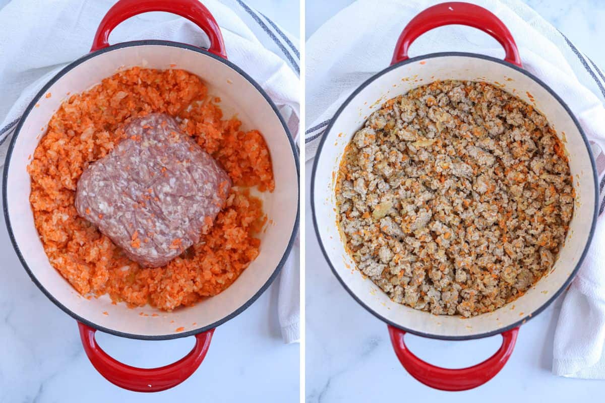 making pork bolognese in a Dutch oven in two steps. 