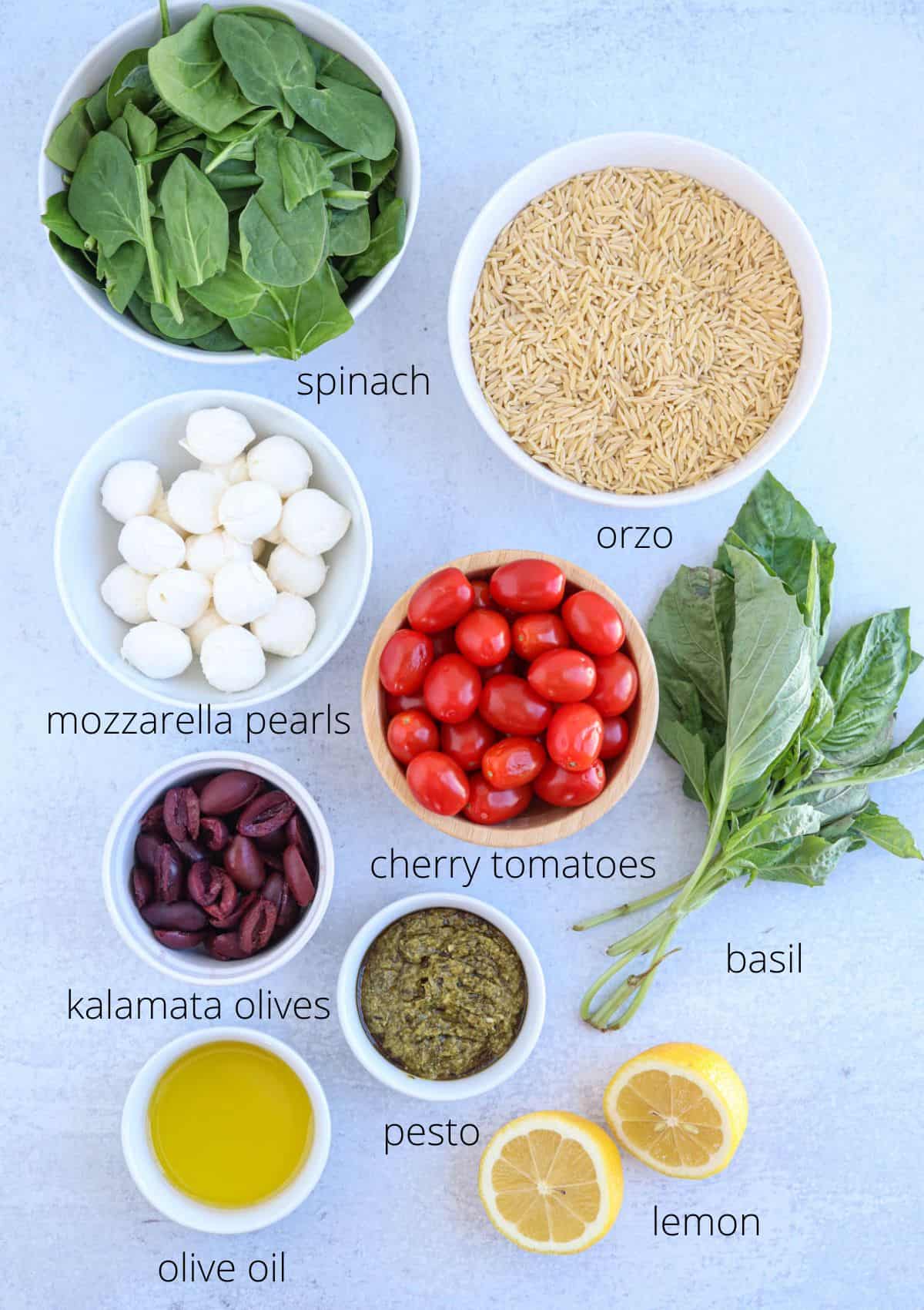 ingredients for making pesto orzo salad in round containers with captions. 