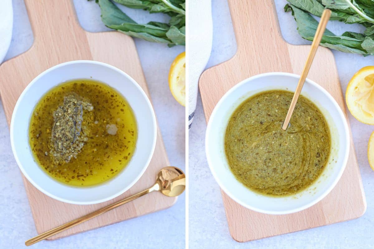 making pesto salad dressing in two steps.