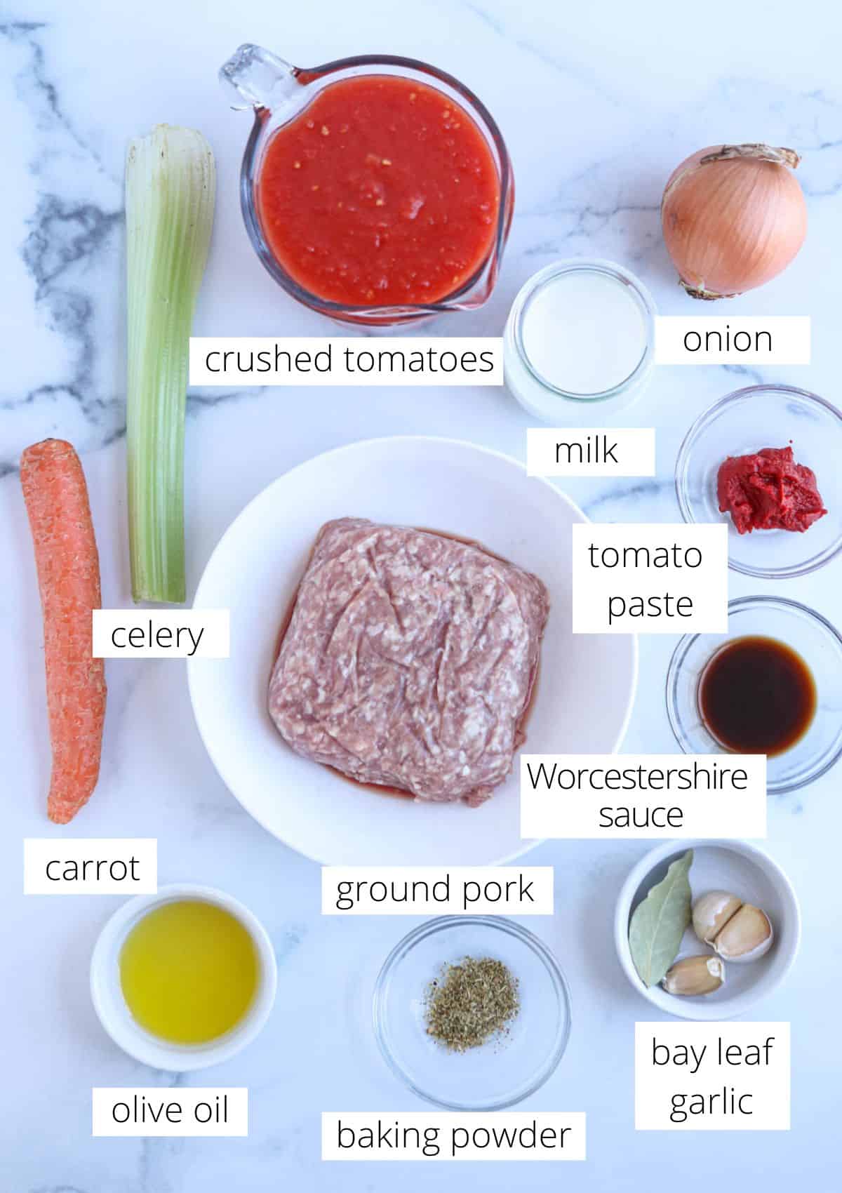 ingredients for making pork bolognese in contaioners on white marble surface with captions. 
