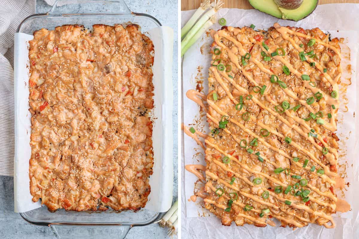 salmond sushi bake after baking before and after adding garnishes. 
