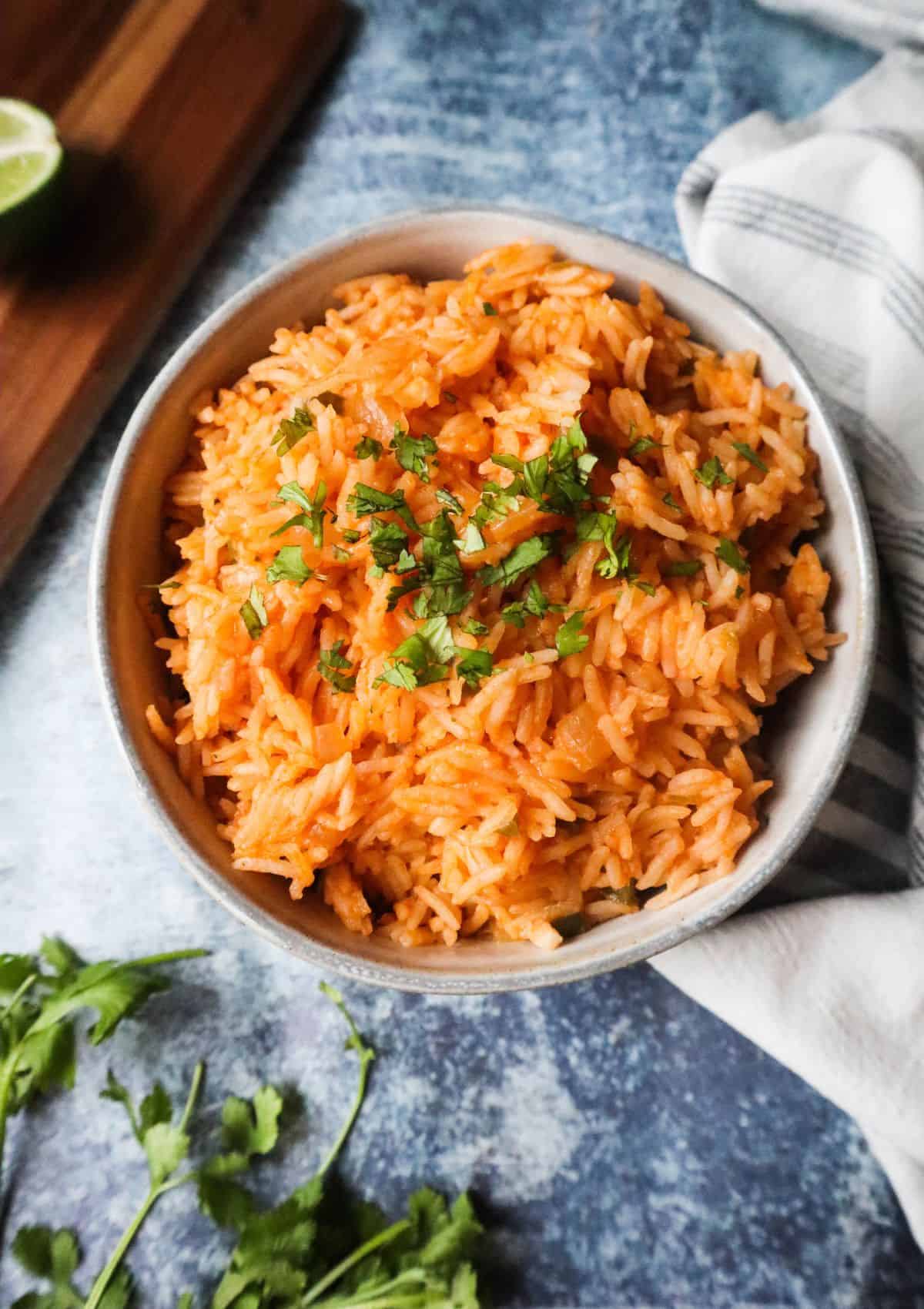 spanish rice in a white bowl.