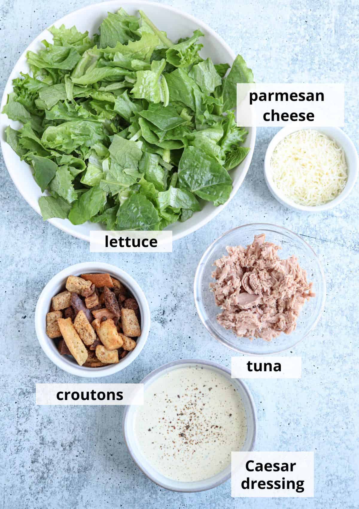 ingredients for making tuna caesar salad in small round containers with captions.