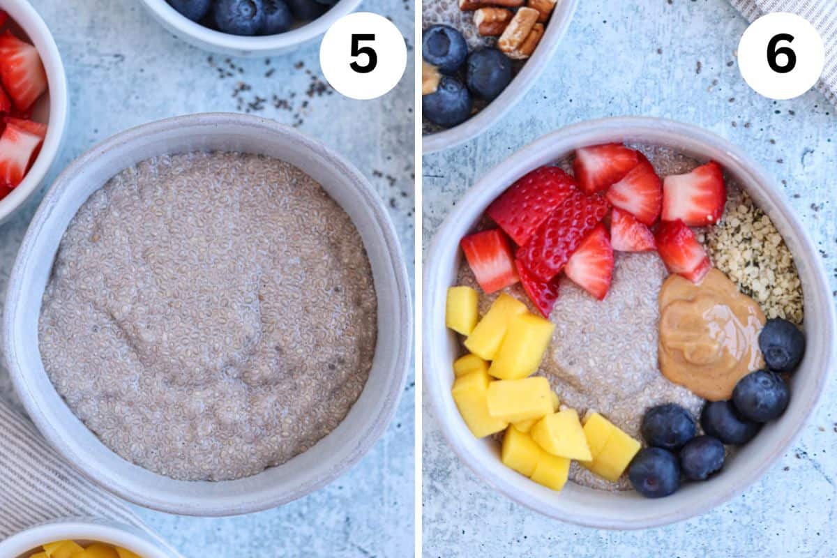 assembling chia breakfast bowl before and after adding toppings.