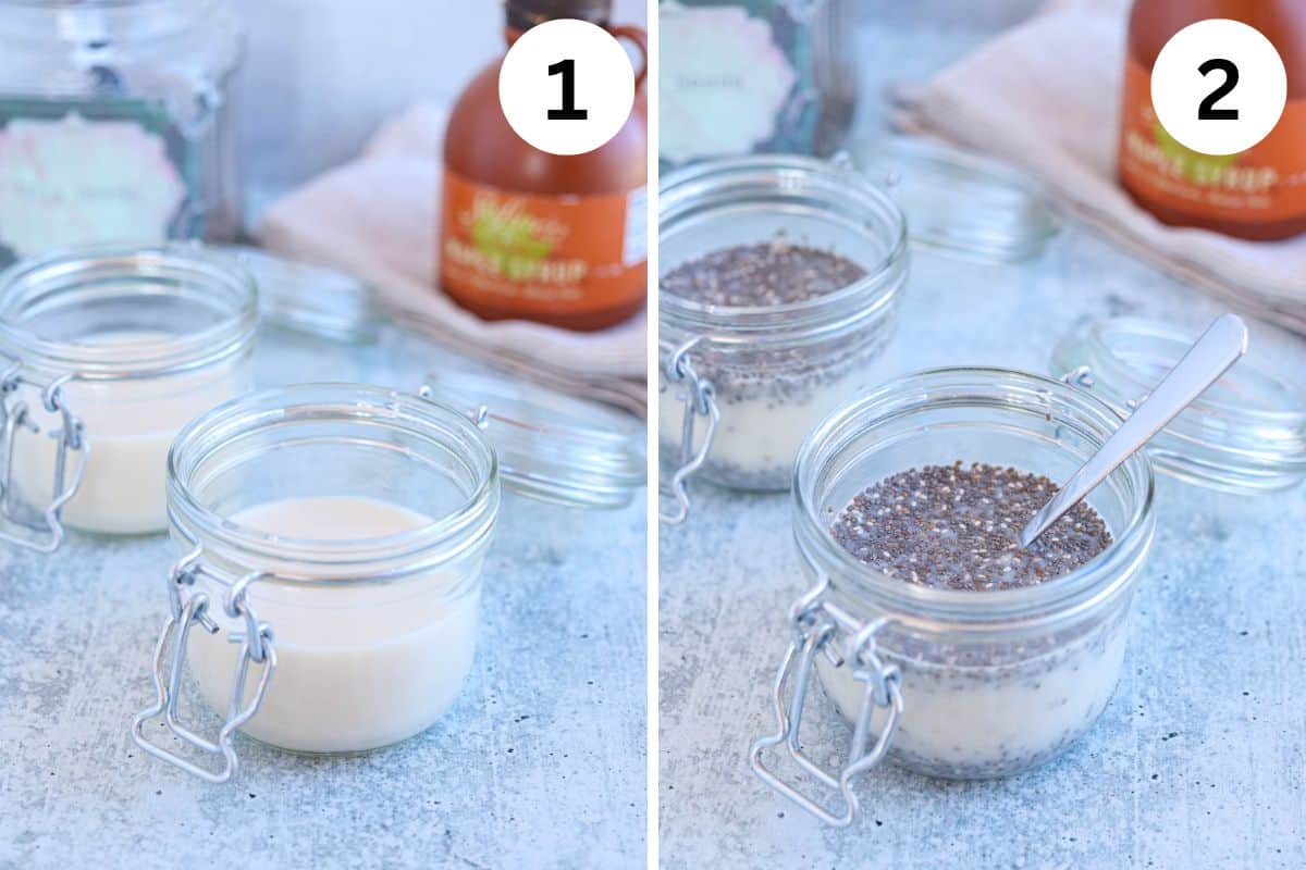 making chia pudding in a jar in two steps. 