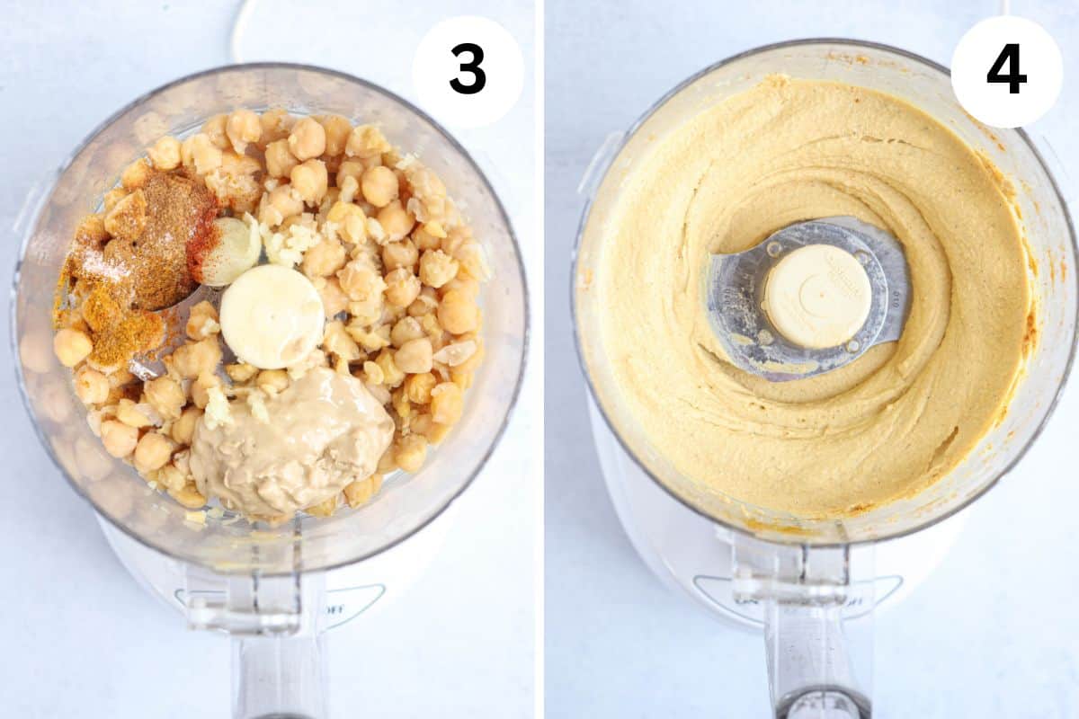 making hummus in a food processor in two steps.