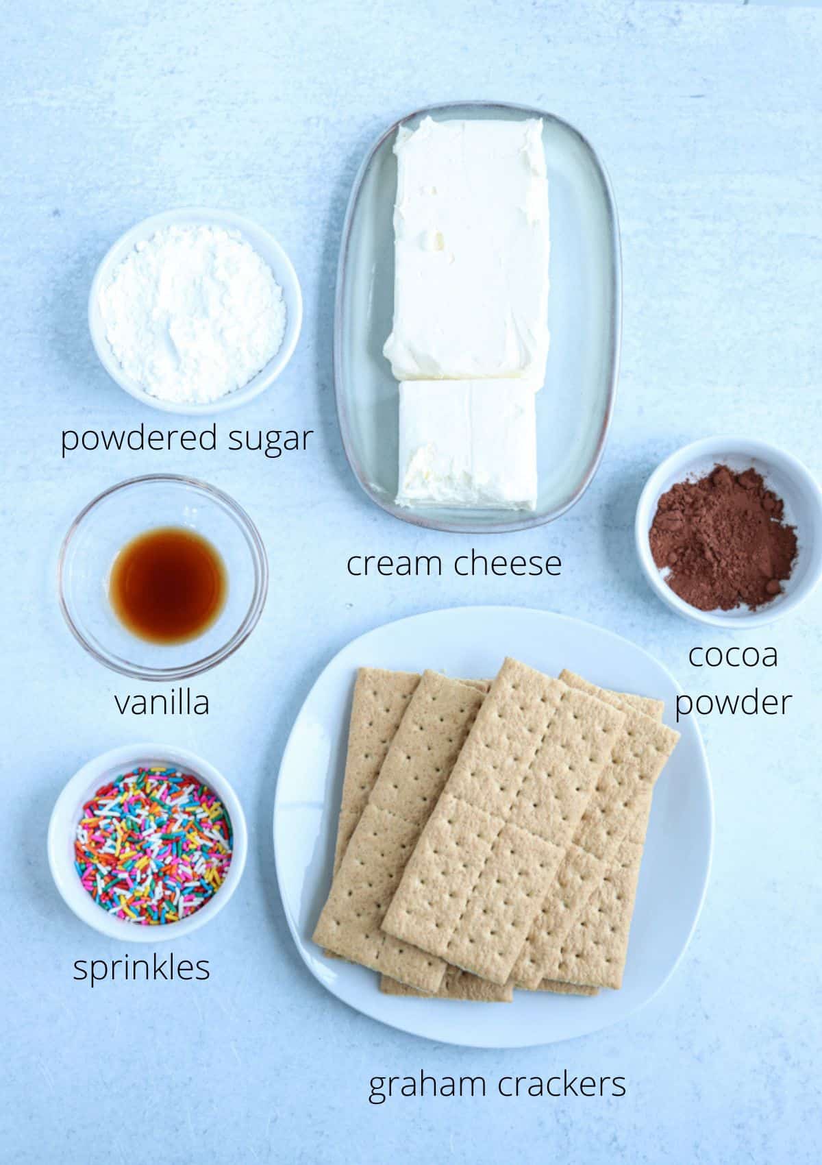 ingredients for making cheesecake balls on gray surface with captions.