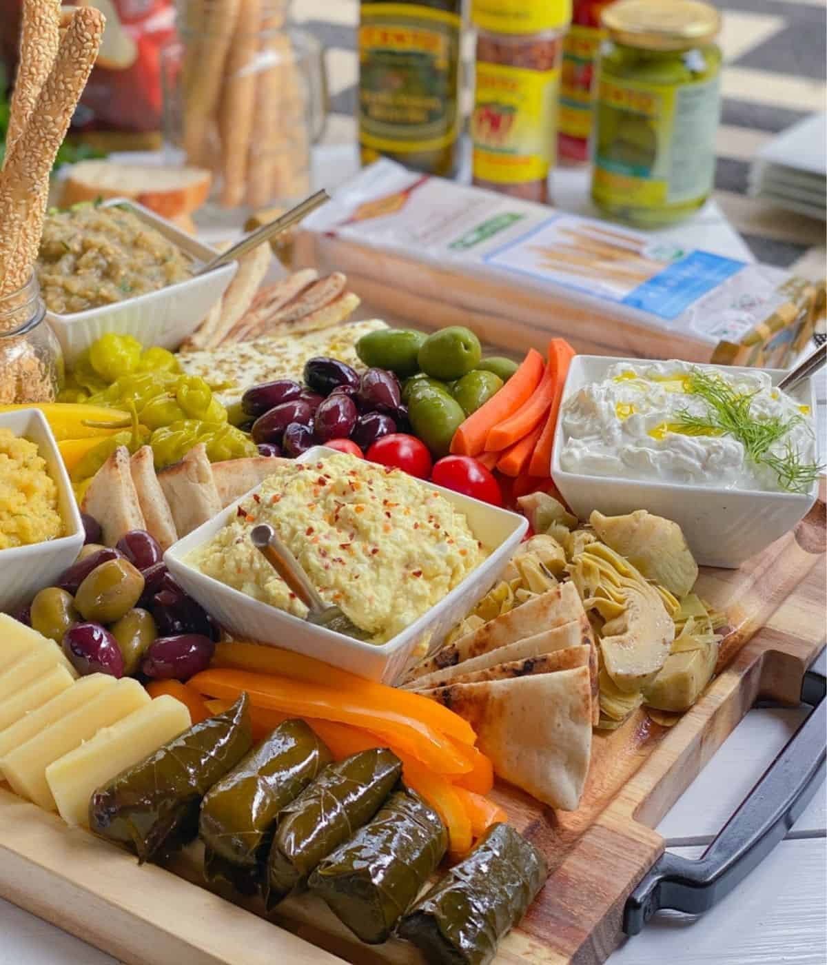 mezze platters with dips and pita triangles.