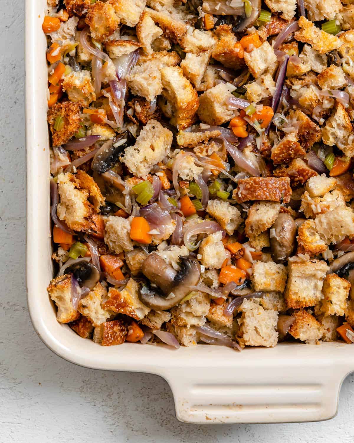 mushroom stuffing in a casserole dish.