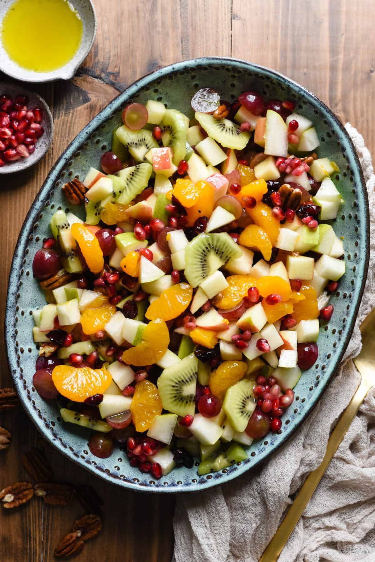 fruit salad in an oval platter. 