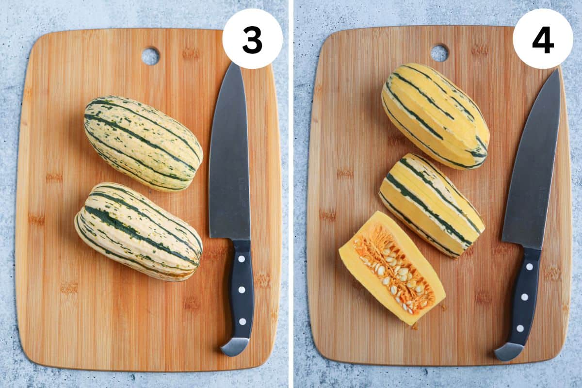 cutting delicata squash on a bamboo board in two steps. 