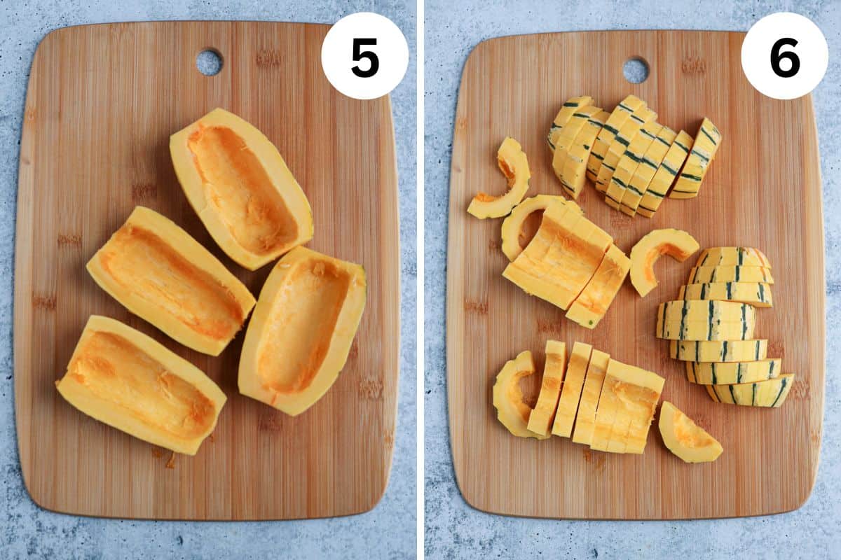 cutting delicata squash into slices on a bamboo board in two steps. 
