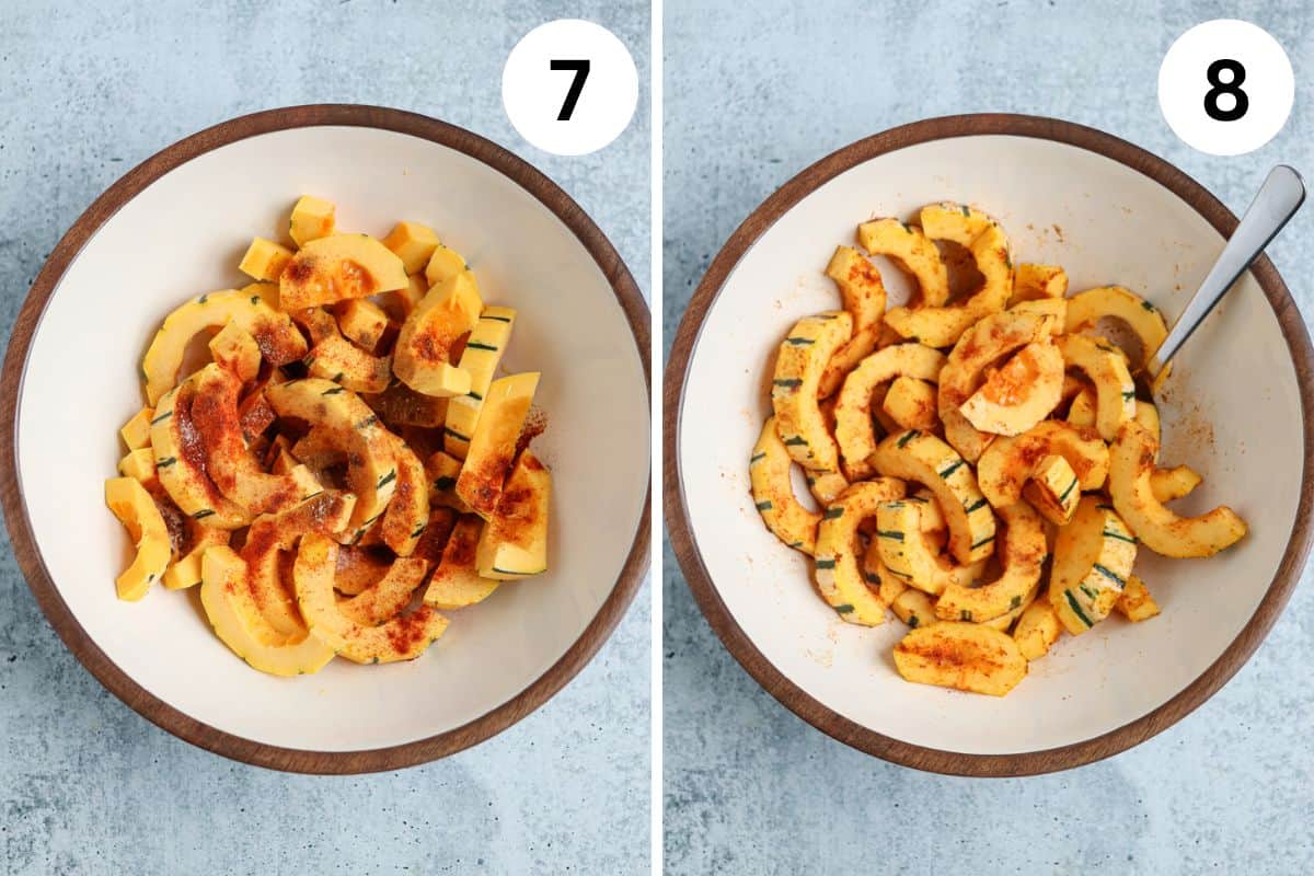 mixing sliced delicata squash with spices and oil in a bowl in two steps.