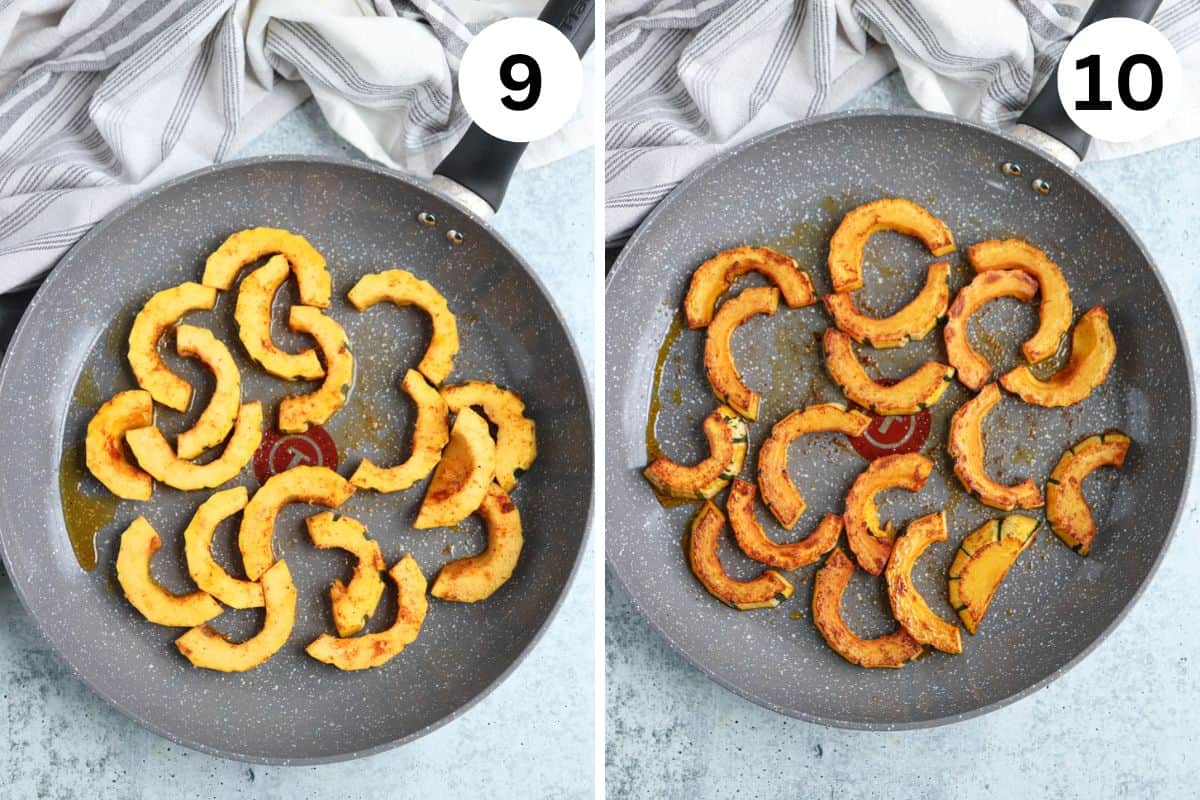 sautéeing delicata squash in a gray pan in two steps. 