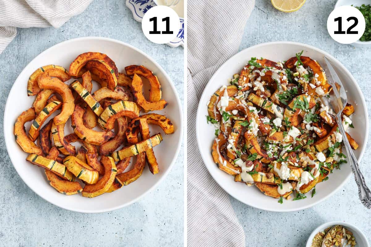 plating sautéed delicata squash in a white bowl before and after adding garnishes.