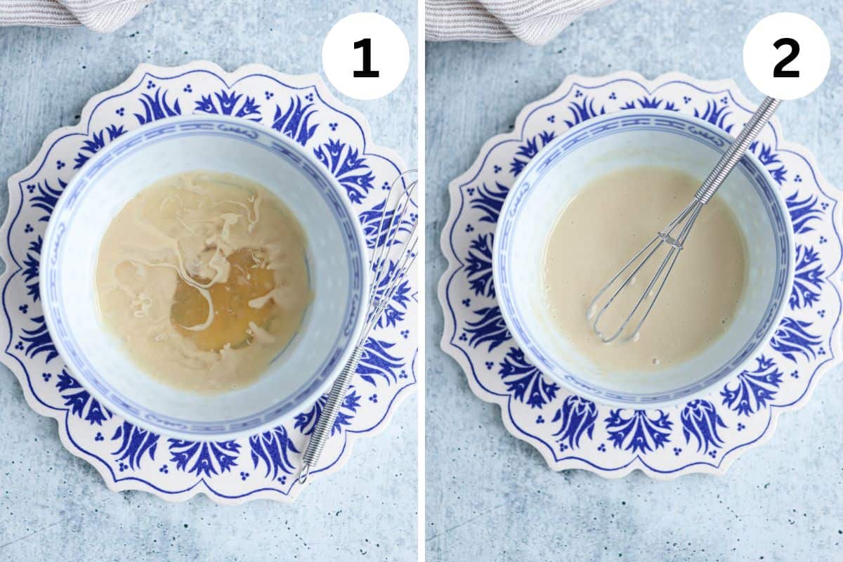 making lemon tahini sauce in two steps.