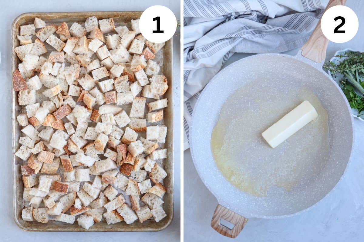 drying out cubed bread and melting butter in a pan.
