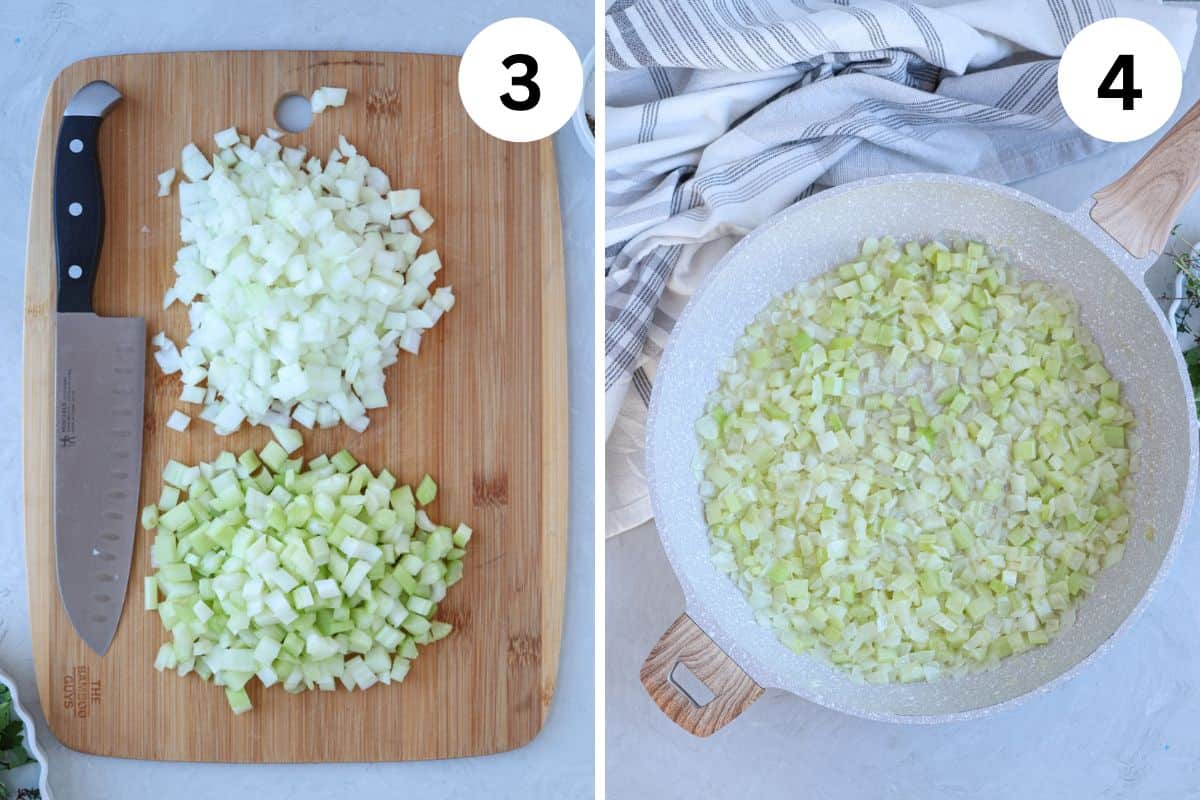 chopped onions and celery on a bamboo cutting board and cooking them in a sauté pan.