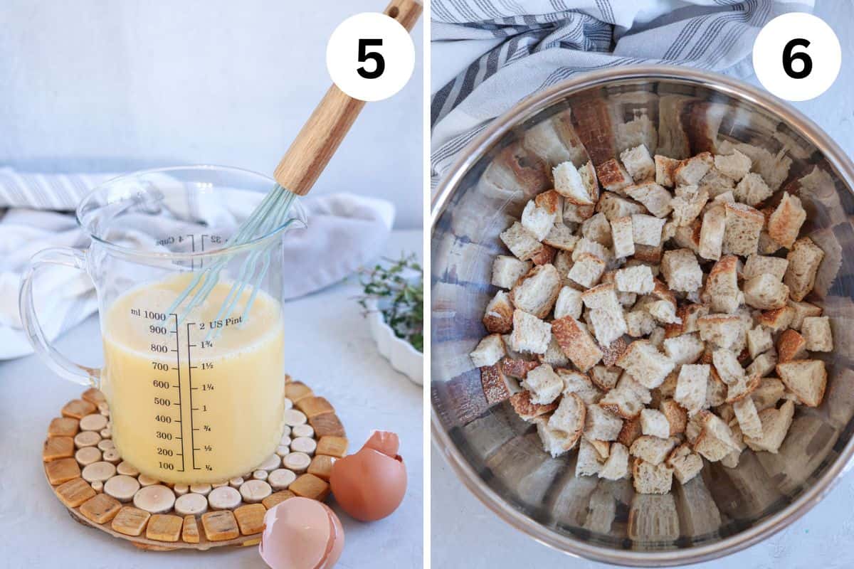 broth and eggs mixed in a measuring cup and dried out bread cubes in a large steel bowl. 