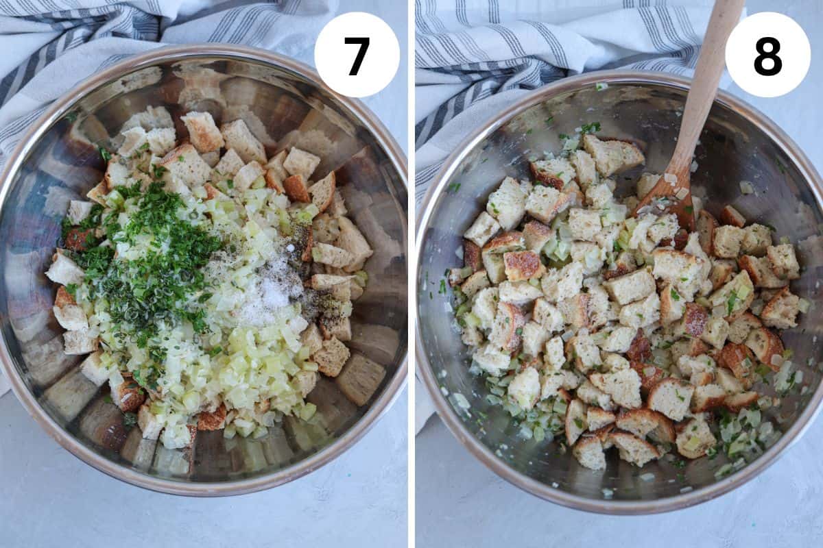 mixing bread stuffing in a large mixing bowl in two steps. 