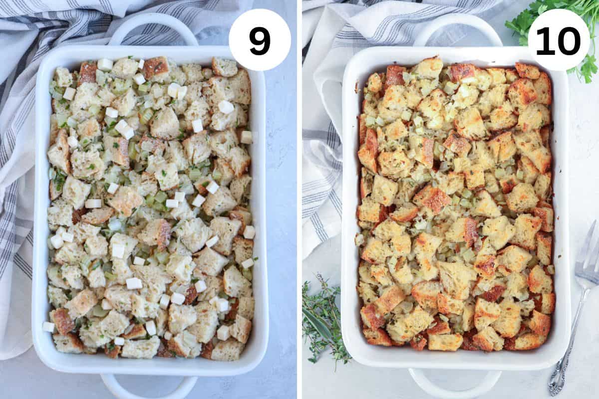 bread stuffing in a white casserole dish before and after baking. 