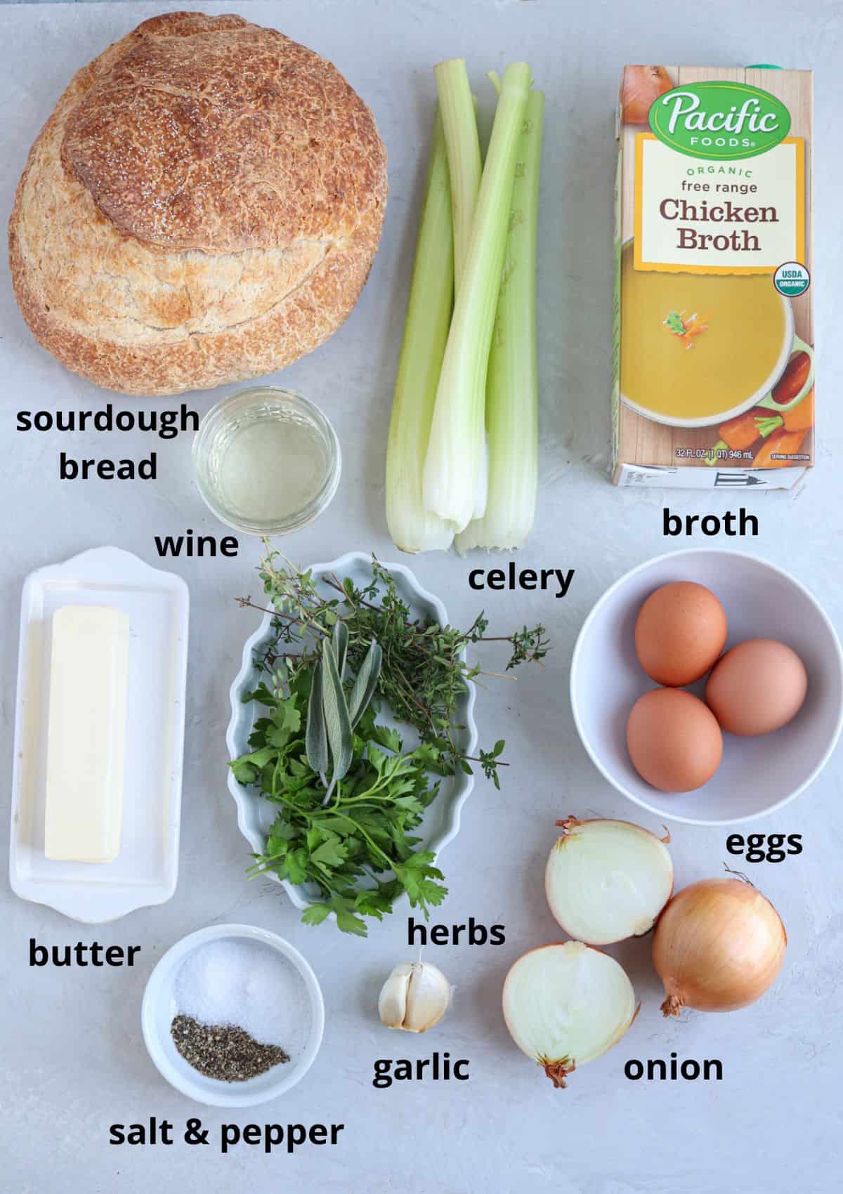 ingredients for making sourdough stuffing with captions.