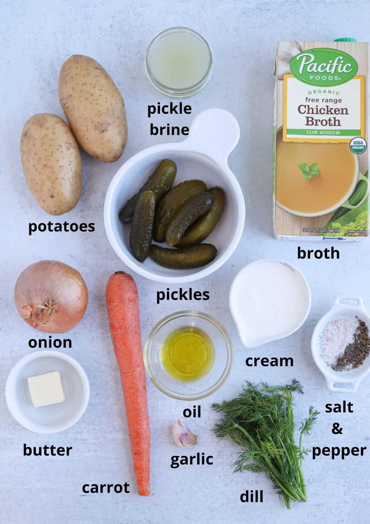 Ingredients for making dill pickle soup on gray background with captions. 