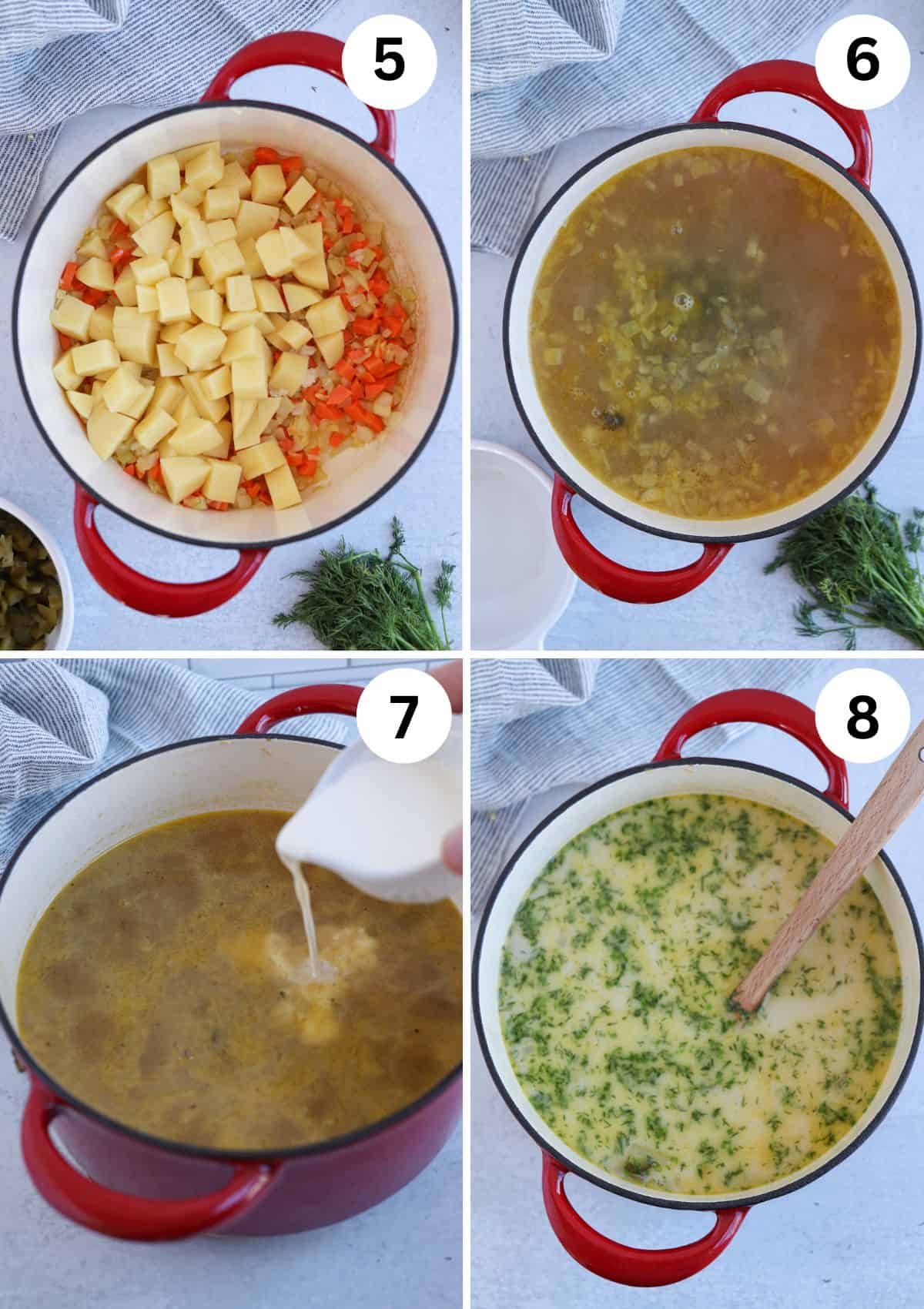 four steps of making pickle soup in a Dutch oven. 