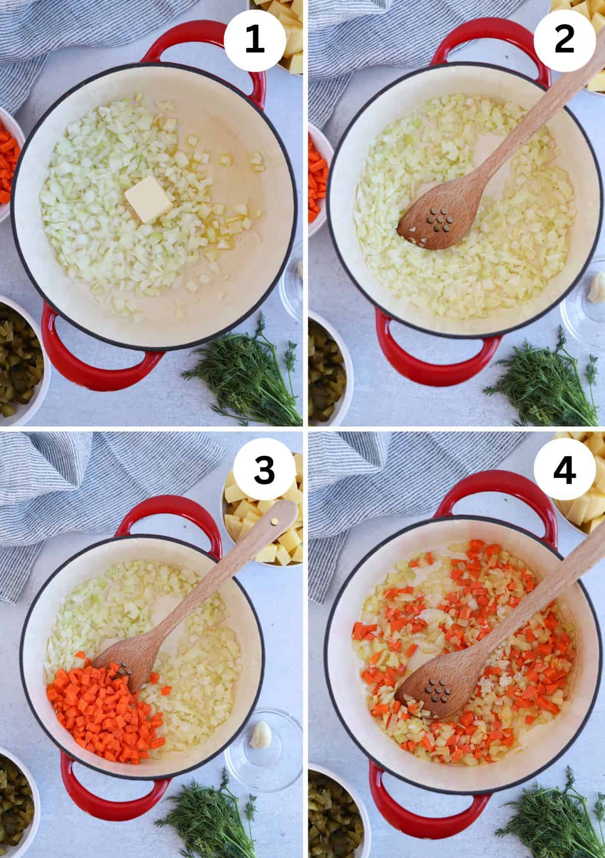 four steps of making pickle soup in a Dutch oven. 
