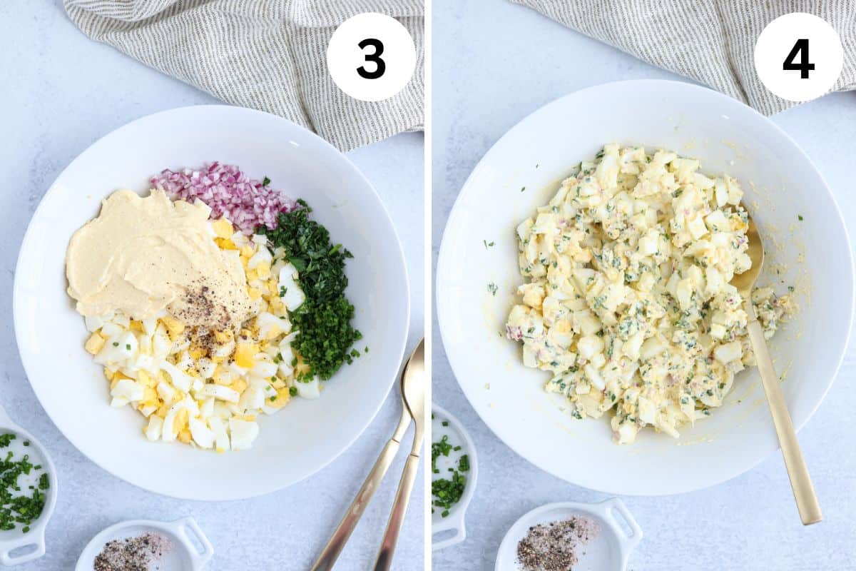 making cottage cheese egg salad in two steps.