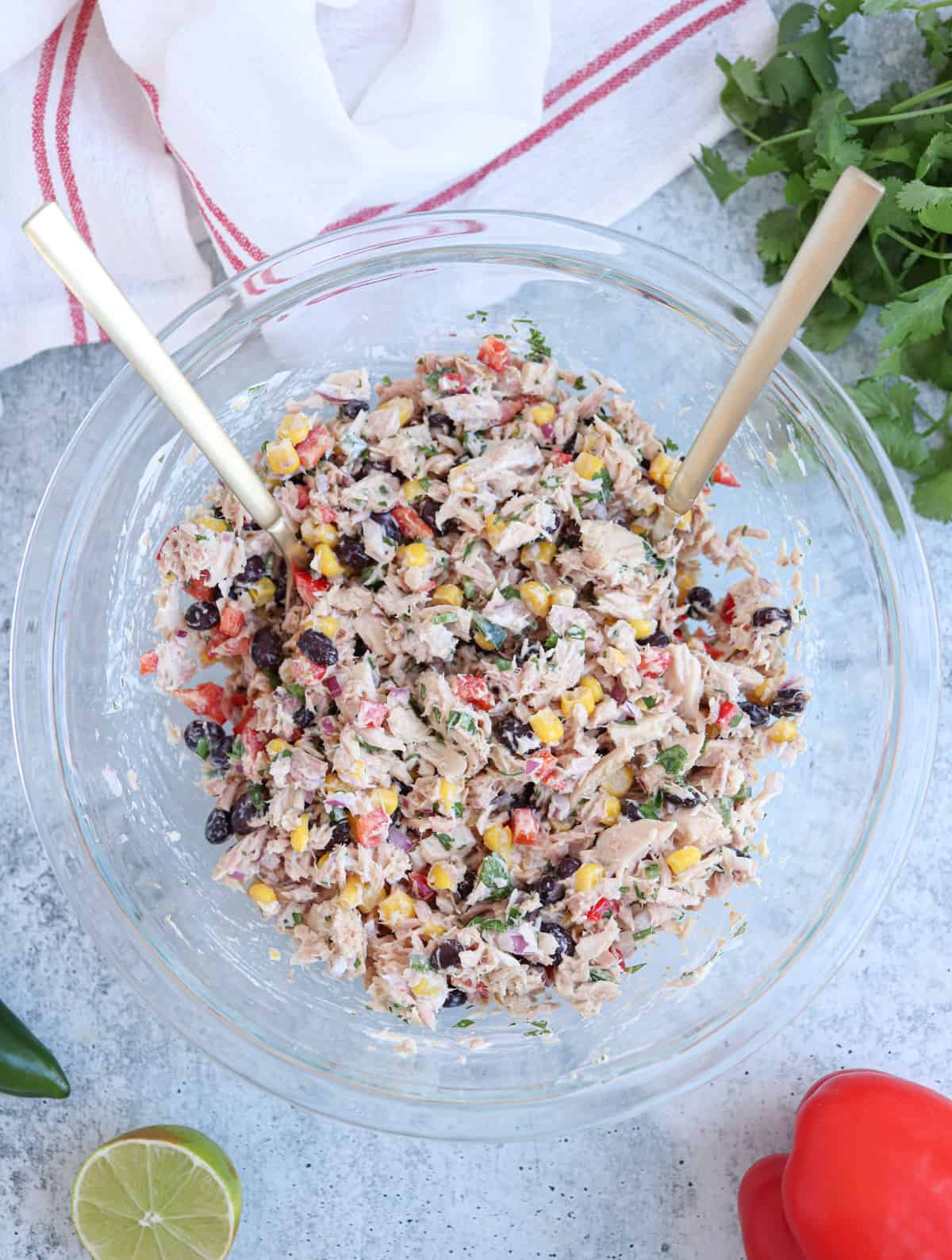 Mexican tuna salad in a glass bowl.
