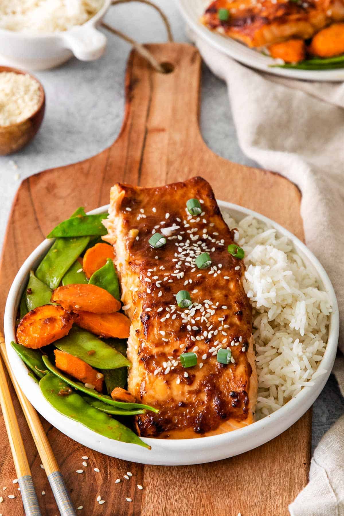 salmon with rice and veggies.