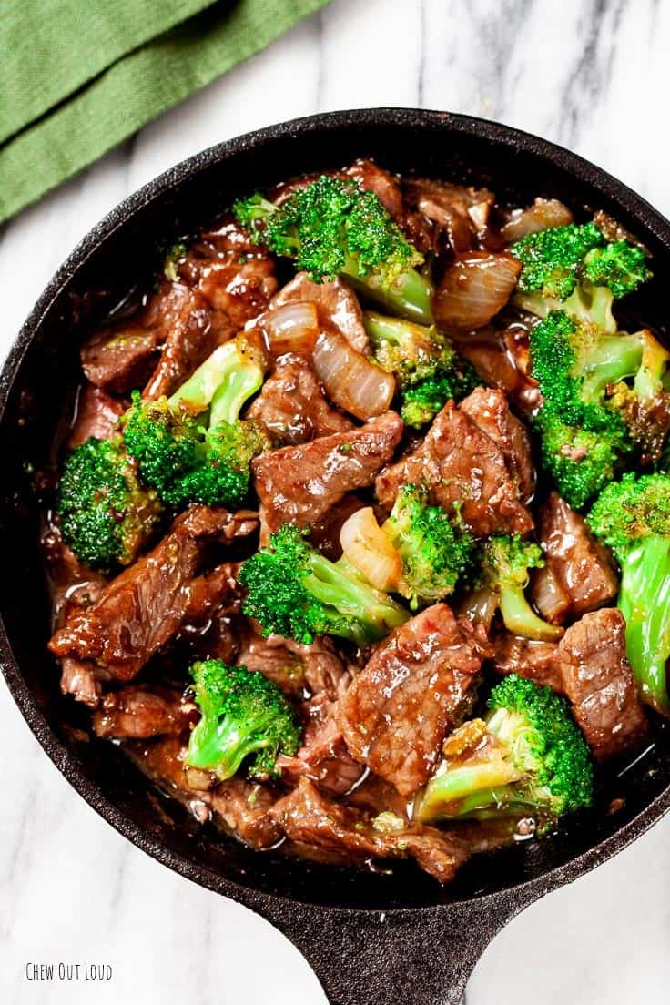 beef and broccoli stir fry in a skillet.
