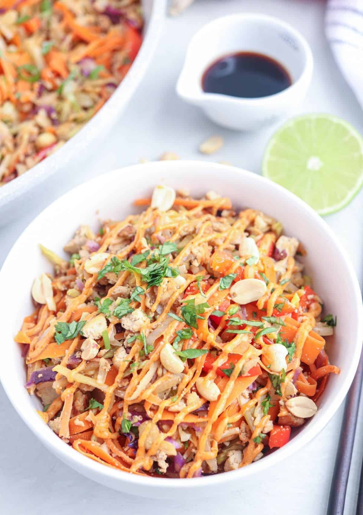 tofu egg roll in a bowl.