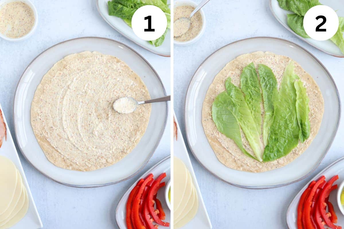 assembling a ham and cheese wrap in two steps.