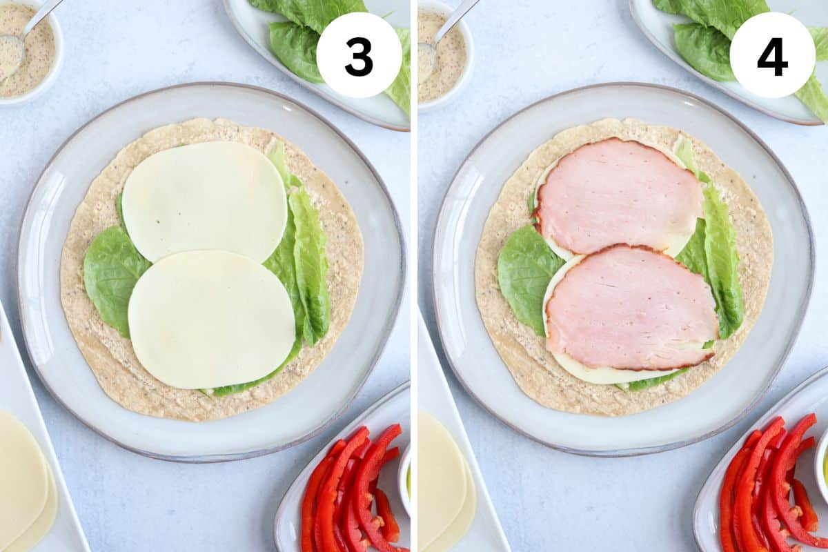 assembling a ham and cheese wrap in two steps.