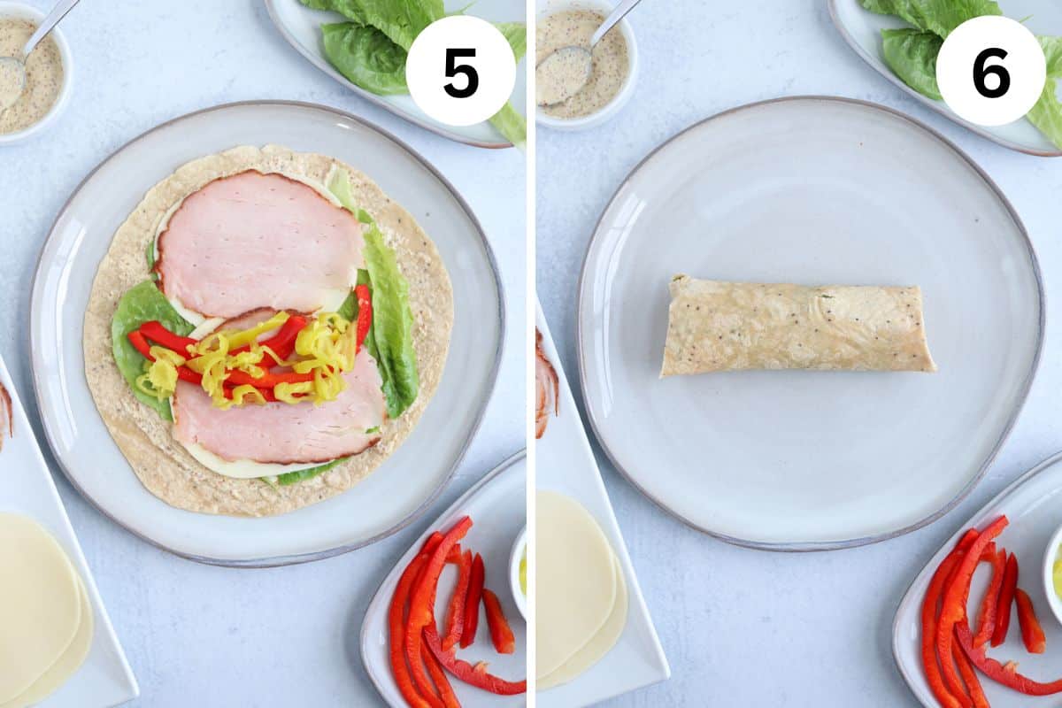 assembling a ham and cheese wrap in two steps.