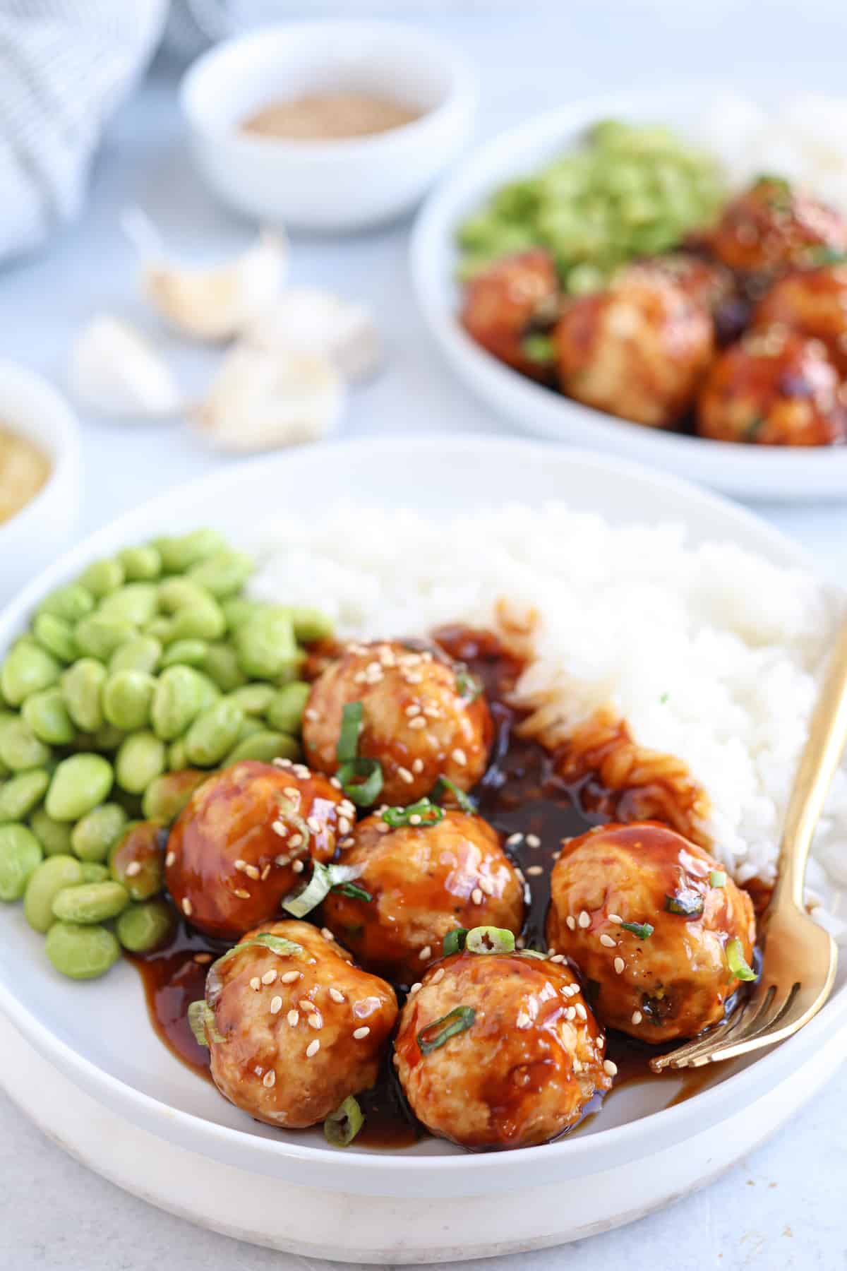 chicken meatballs in teriyaki sauce served with rice and edamame.